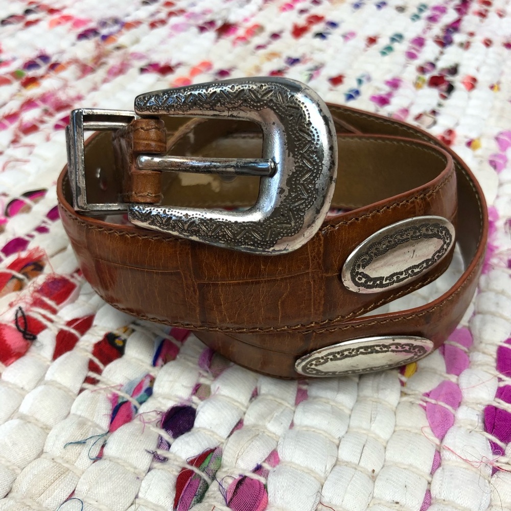 Fossil Brown Silver Buckle Studded Western Belt